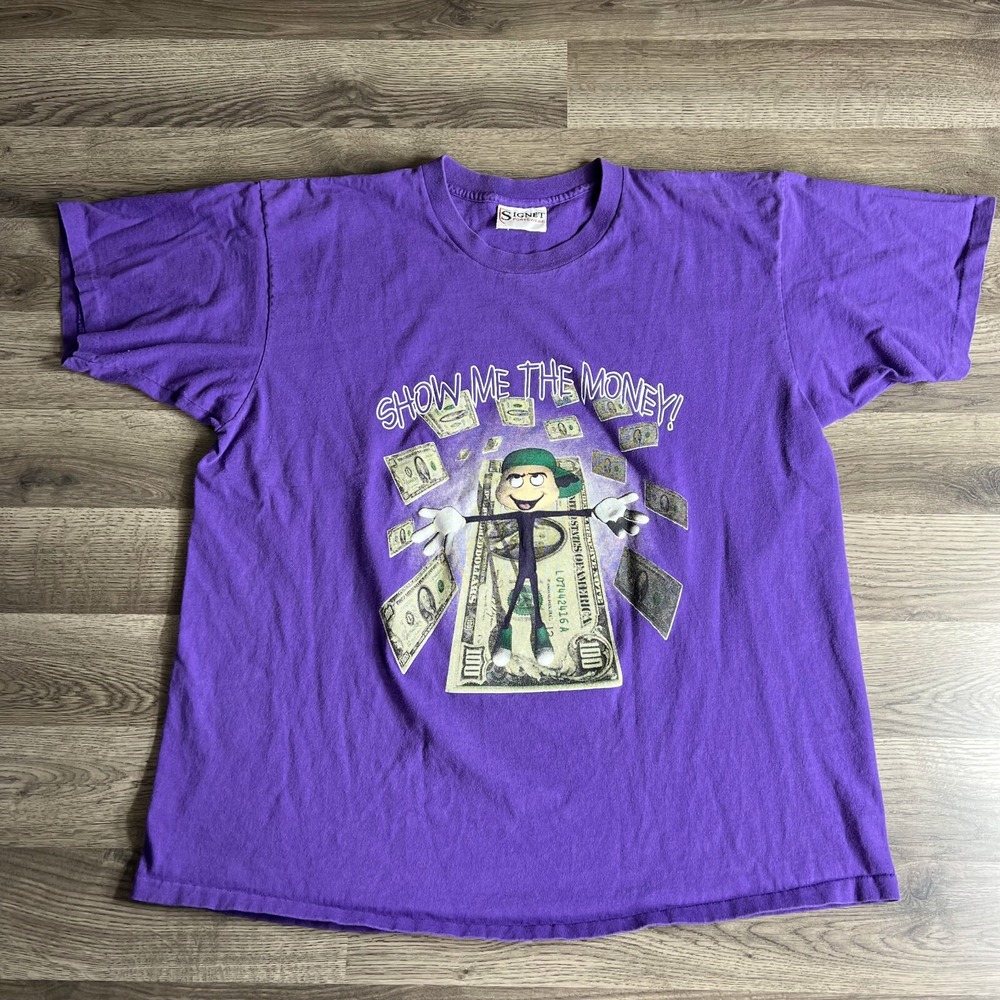VTG Show Me The Money T Shirt Fits XL Hip Hop Dollars Late 1990s Funny Benjamins
